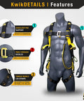 Premium Full Body Safety Harness With Shoulder Padding, 3 Heavy Duty D Rings, ANSI OSHA Fall Arrest System displayed on mannequin
