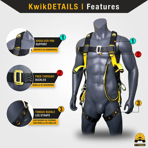 Premium Full Body Safety Harness With Shoulder Padding, 3 Heavy Duty D Rings, ANSI OSHA Fall Arrest System displayed on mannequin