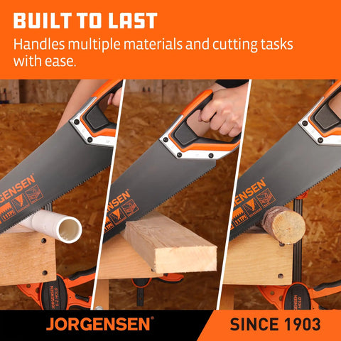 20 Inch Black Coated Pro Grade Hand Saw With Ergonomic Non Slip Aluminum Handle For Precise 11 TPI Fine Cut And Heavy Duty Control For Sawing Trimming Gardening Woodworking Drywall And Plastic Pipes cutting wood and plastic pipes.