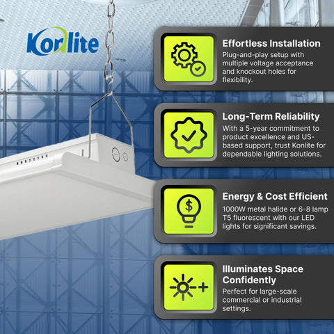 Two Foot Linear LED Shop Light 165W 22400 Lumens Dimmable Daylight 5000K Hella Bright hanging in industrial space