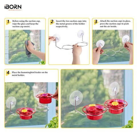 Window Hummingbird Feeder With Strong Suction Cup For Outdoors Bee Proof Feeding Ports And Stainless Steel Base 3Oz Capacity Mini Hummingbird Feeder Ideal For Kitchen Sill Or Patio View 2025 Update, showing installation steps on a window.