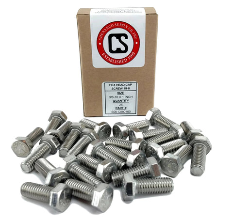 Front view of stainless hex head bolts, 3/8-16 x 1 in, 304 stainless steel, 25-pack
