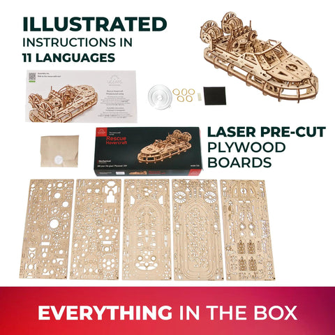 Rescue Hovercraft DIY Kit For Adults, 3D Wooden Puzzle Ship, Premium Wood Boat Kit To Build At Home With An Intricate Design And Spring Motor, Ideal Hobby Kit For Builders And Collectors, laser-cut plywood boards