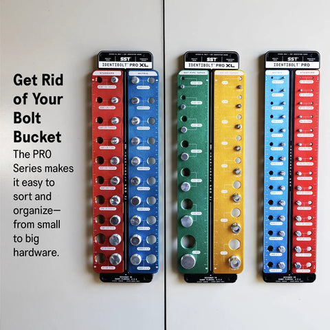 Wall-mounted Identibolt Pro Thread Checker for quick nut and bolt identification, showing 28 sizes in imperial and metric.