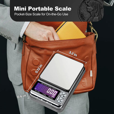 Ultra Portable Digital Coin Scale With Six Hundred Gram Capacity And Zero Point Zero One Gram Precision in a brown handbag.
