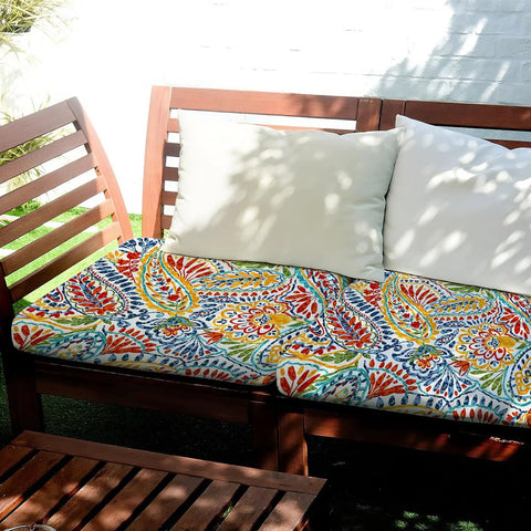 8 Pcs Paisley Patio Sofa Cushion Covers Set Stretchy Replacement Slipcovers For Outdoor And Indoor Cushions Fits 20 To 27 Inch Cushions 2 To 7 Inch Thick on a wooden bench