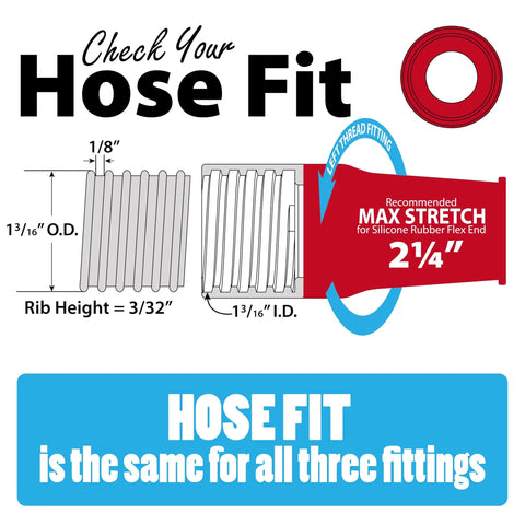 Kickass Universal Silicone Dust Collection Hose Fittings 3 Pack Adaptive Stretch Fit Vacuum Connector specifications and hose size guide.