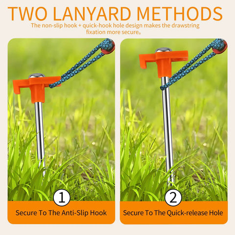 Two lanyard methods shown for Eight Pack Tent Stakes, Heavy Duty Galvanized Rustproof Ground Anchors For Canopies, 7.1 Inch Durable