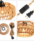 Close up of Two Pack Mini Rattan Plug In Pendant Lights Hand Woven Boho Ceiling Fixture With Switch showing woven shade and cord with switch.
