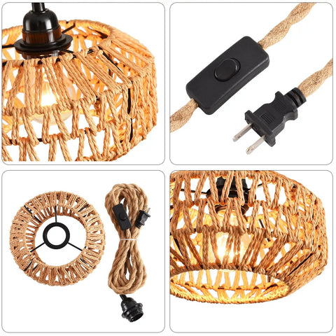 Close up of Two Pack Mini Rattan Plug In Pendant Lights Hand Woven Boho Ceiling Fixture With Switch showing woven shade and cord with switch.