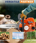 Gas Powered Chainsaw With 14 Inch Top Handle 2 Stroke Motor Easy Start cutting log, ergonomic grip in use, orange body