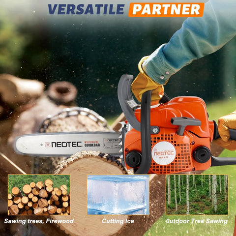 Gas Powered Chainsaw With 14 Inch Top Handle 2 Stroke Motor Easy Start cutting log, ergonomic grip in use, orange body