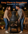 Chiminea Outdoor Fireplace Wood Burning Fire Pit For Backyard And Camping In Brown Black Finish with mesh screen, evening setup