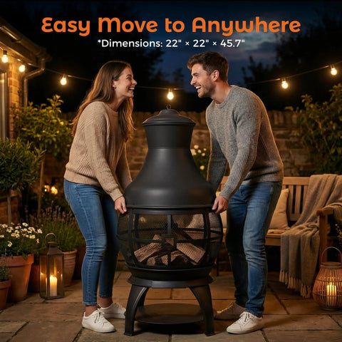 Chiminea Outdoor Fireplace Wood Burning Fire Pit For Backyard And Camping In Brown Black Finish with mesh screen, evening setup