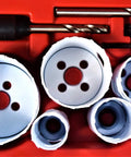 9-Piece Bi-Metal Hole Saw Set With Rip Guard Teeth For Pro-Grade Wood Cutting, Durable Bi-Metal Build, Low Friction Coating For Faster Cuts And More Holes Per Charge, Plug Jack And All-Access Slot Design in red case