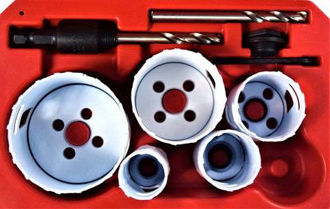 9-Piece Bi-Metal Hole Saw Set With Rip Guard Teeth For Pro-Grade Wood Cutting, Durable Bi-Metal Build, Low Friction Coating For Faster Cuts And More Holes Per Charge, Plug Jack And All-Access Slot Design in red case