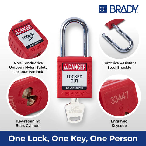 Red Lockout Padlock Sets 6 Pack Keyed Different One Key Per Lock OSHA Compliant, nylon body, steel shackle, brass cylinder
