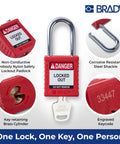 Red Keyed Alike Lockout Padlock Set, 12 Pack, Nylon Body With Steel Shackles, Brass Key Retaining Cylinders, 1 Key Per Lock.
