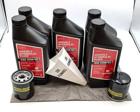 Five Quart 20W50 Hydraulic Change Kit Pro Grade With Two Filters Compatible With Hydro Gear 72750 Transaxles ZT 2800 Through ZT 3800 Includes Oil Absorbent Pad And Oil Funnel.