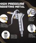 Industrial Air Blow Gun Kit highlighting copper nozzle, steel extension, and features for high pressure resisting metal.
