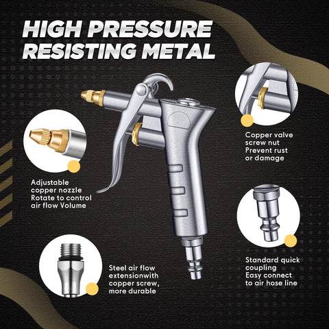 Industrial Air Blow Gun Kit highlighting copper nozzle, steel extension, and features for high pressure resisting metal.