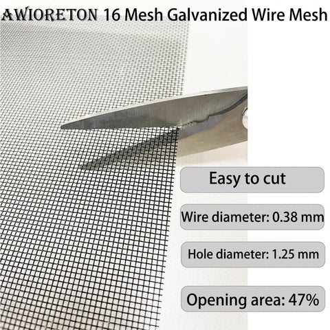 Scissors cutting PVC Coated Galvanized Wire Mesh Two Pack 16 Mesh 8 By 12 Inch 30 By 21 Cm showing material details.