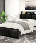 Chic Twin Platform Bed Frame With Upholstered Storage Headboard And Built In Charging Hub Heavy Duty Metal Slats No Box Spring Needed Straight Up Noise Free No Sweat Setup Pure Black in modern bedroom setting.