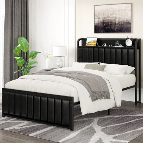 Chic Twin Platform Bed Frame With Upholstered Storage Headboard And Built In Charging Hub Heavy Duty Metal Slats No Box Spring Needed Straight Up Noise Free No Sweat Setup Pure Black in modern bedroom setting.