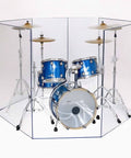 3 Pack 48 Inch Clear Acrylic Hinges For 1/4 Inch Drum Shield Panels Featuring Tooth In Groove Mechanical Lock Pinless Design That Snaps Right In With Zero Drilling Or Glue And Delivers A Straight Up Easy Setup. Drum set enclosed in clear protective panels.
