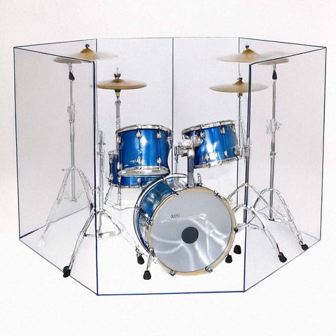 3 Pack 48 Inch Clear Acrylic Hinges For 1/4 Inch Drum Shield Panels Featuring Tooth In Groove Mechanical Lock Pinless Design That Snaps Right In With Zero Drilling Or Glue And Delivers A Straight Up Easy Setup. Drum set enclosed in clear protective panels.