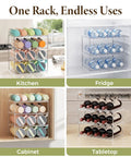 Stackable Water Bottle Organizer Rack for Cabinet Storage, holding colorful tumblers, water bottles, and wine bottles in kitchen, fridge, cabinet.