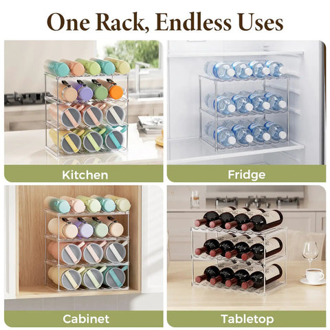 Stackable Water Bottle Organizer Rack for Cabinet Storage, holding colorful tumblers, water bottles, and wine bottles in kitchen, fridge, cabinet.