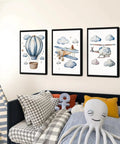 Baby Boy Nursery Wall Art Set Of 3 Vintage Blue Travel Theme Prints For Kids Room 12x16 Inch Wood Framed Hot Air Balloon Plane Helicopter Posters