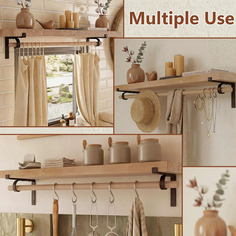 Two Pack Heavy Duty Shelf Brackets With Curtain Rod Holder 6 x 6 Inch Black Iron Wall Mount Supports For Curtains, Shelves