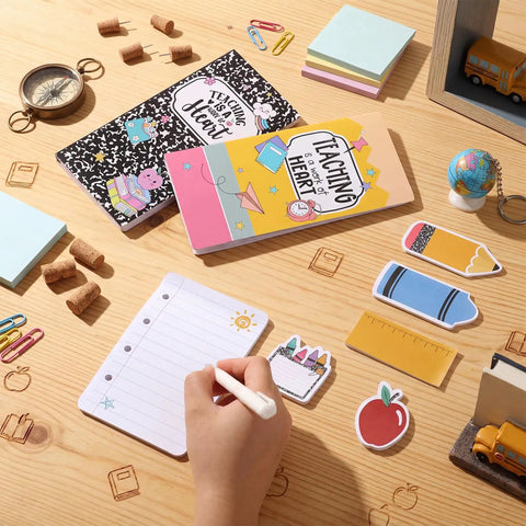 Two Pack Teacher Sticky Notes Gift Set With 560 Self Adhesive Notepads In 7 Styles Apple Ruler Pencil Designs on desk