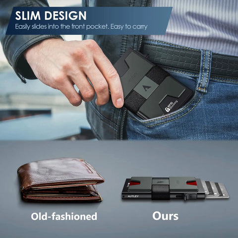 Ultra Slim Card Holder For Men With Pop Up Wallet RFID Blocking Minimalist Wallet in front pocket, dark green and black.