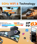 Promotional graphic showing 4K Front And Rear Dash Cam With GPS And 5G WiFi Night Vision Radar Motion Detection.