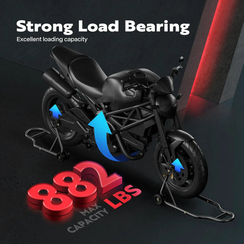 Beefy Heavy Duty Universal Motorcycle Stands With Front And Rear Wheel Lift 882 Lb Capacity Adjustable Swingarm Spools Paddock Stand Combo