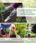 Collage of versatile garden tools including a compact stainless steel garden hand shovel seed trowel with wooden handle in use.