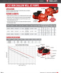 Cast iron shallow well jet pump specifications and features sheet with two pump models, graphs, and application benefits.