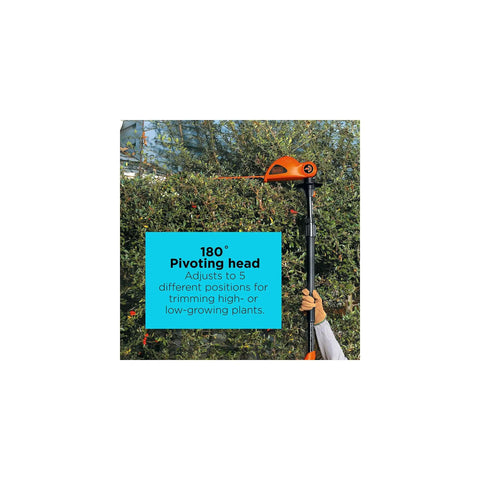 180-degree pivoting head of 20V Max Cordless Pole Hedge Trimmer With 18-Inch Dual-Action Blade shown trimming a bush