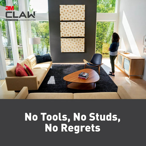 Living room decor using Claw 65 Lb Drywall Picture Hangers With Spot Markers No Studs Needed 3 Pack for large wall art