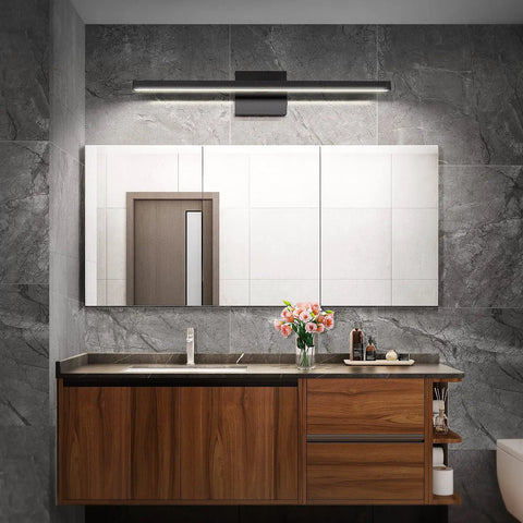 Modern Bathroom Vanity Light 23.6 Inch, 14W Dimmable LED Fixture Over Mirror in sleek black, mounted above a bathroom sink