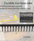Heavy Duty Metal Garden Rake for Leaves and Lawn, 12 Prongs, iron bow rake shown in classroom background.