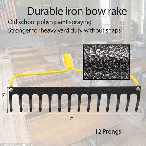 Heavy Duty Metal Garden Rake for Leaves and Lawn, 12 Prongs, iron bow rake shown in classroom background.
