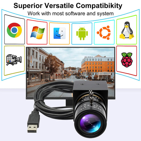 Ultra HD 8MP USB Camera with 2.8 to 12mm varifocal lens for sharp video, IMX179 sensor, OpenCV ready, compatible with multiple systems.