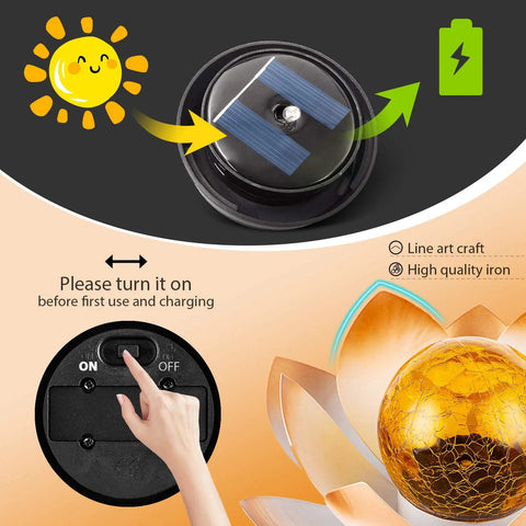Outdoor Garden Solar Lights 2 Pack Amber Crackle Globe Lotus Decorations showing solar panel, switch, and amber globe details