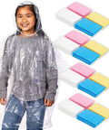 Child wearing clear poncho from Kids Rain Ponchos Pack Of 20 Disposable With Hood, Emergency Outdoor Gear, 4 Assorted Colors, 42x60 in.