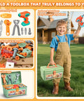 Child holding Kids Tool Set With Drill 148 Pieces Toddler Toolbox STEM Montessori Toys For 3 4 5 Year Olds Pretend Play