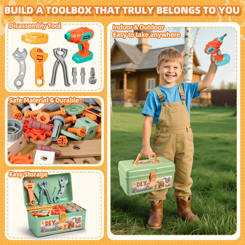 Child holding Kids Tool Set With Drill 148 Pieces Toddler Toolbox STEM Montessori Toys For 3 4 5 Year Olds Pretend Play